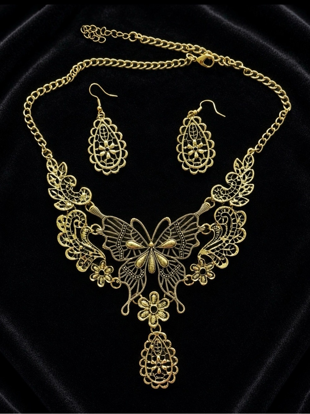 Gold Filigree Butterfly Statement Necklace with Matching Earrings